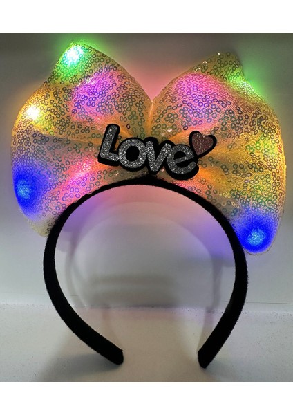 LED Işıklı 3 Farklı Fonksiyonda Yanan Gümüş Love Yazılı Sarı Fiyonk Taç 20 x 17 cm