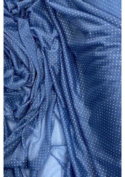 Yağmur Damlası Simli Abiye Elbise Şallık Tül Kumaş Indigo Mavi 89
