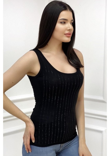 Crystal Şerit Taşlı Slim Fit Kolsuz T-Shirt Kalın Askılı Siyah Kadın Atlet fiyatları