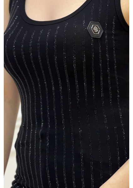 Crystal Şerit Taşlı Slim Fit Kolsuz T-Shirt Kalın Askılı Siyah Kadın Atlet modelleri