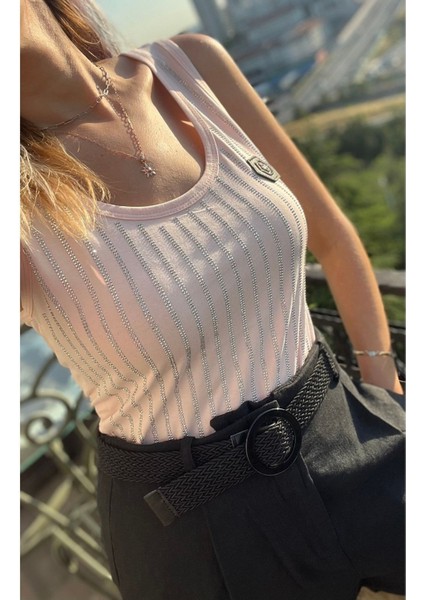 Crystal Şerit Taşlı Slim Fit Kolsuz T-Shirt Kalın Askılı Siyah Kadın Atlet modelleri