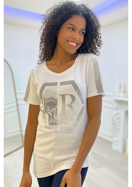 Crystal Kurukafa Desen Taşlı Pamuk Uzun Beyaz Rahat Kadın T-Shirt