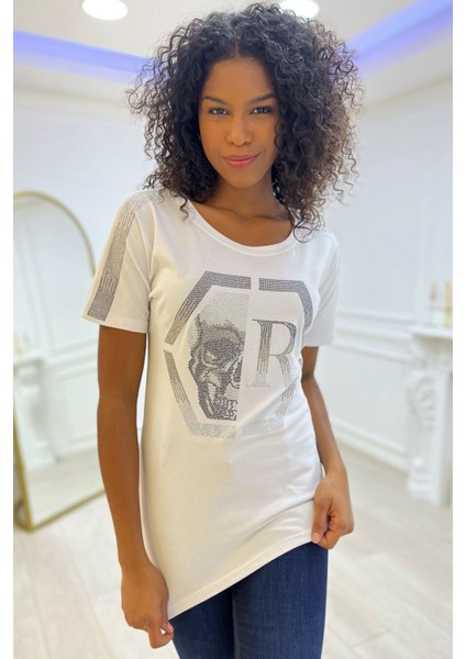 Crystal Kurukafa Desen Taşlı Pamuk Uzun Beyaz Rahat Kadın T-Shirt fiyatları
