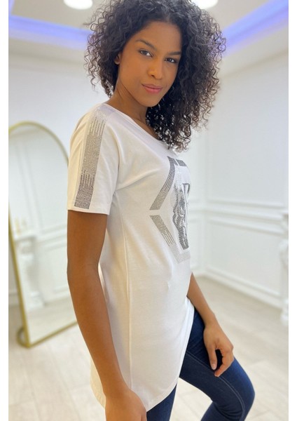 Crystal Kurukafa Desen Taşlı Pamuk Uzun Beyaz Rahat Kadın T-Shirt fırsatları