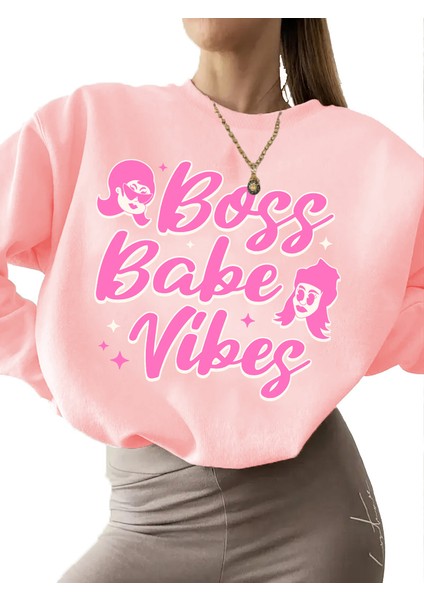 Sweatshirt Boss Babe Vibes Baskılı 3 Iplik Kalın Pembe Sevgili Kombin