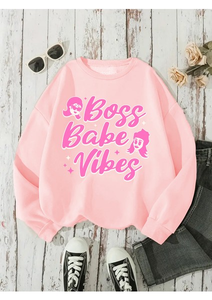 Sweatshirt Boss Babe Vibes Baskılı 3 Iplik Kalın Pembe Sevgili Kombin modelleri