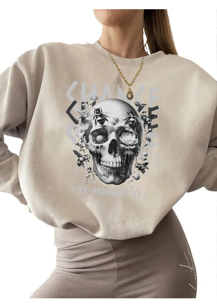 Sweatshirt Chance Moment Baskılı 3 Iplik Kalın Bej Sevgili Kombin