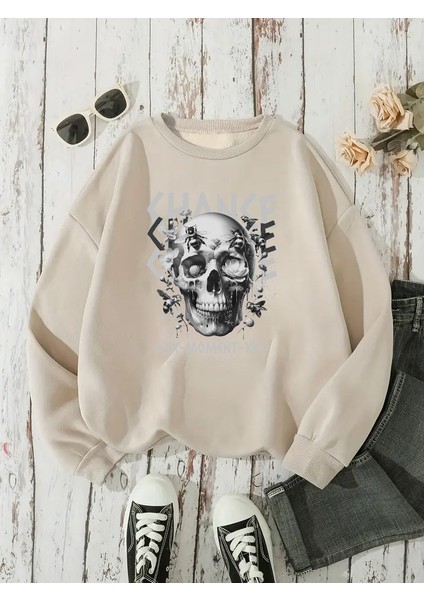 Sweatshirt Chance Moment Baskılı 3 Iplik Kalın Bej Sevgili Kombin modelleri