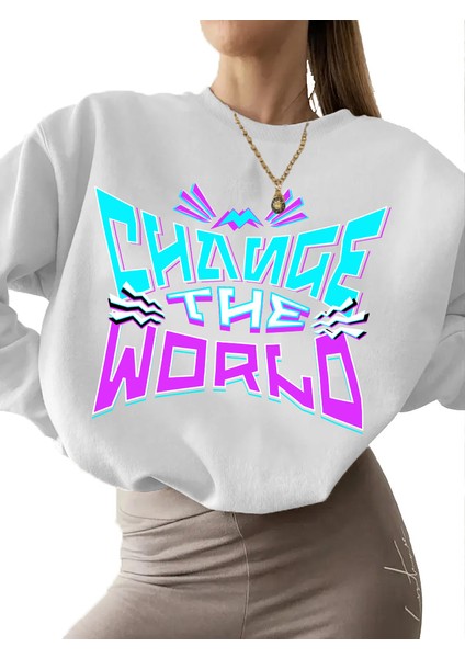 Sweatshirt Change The World Baskılı 3 Iplik Kalın Beyaz Sevgili Kombin