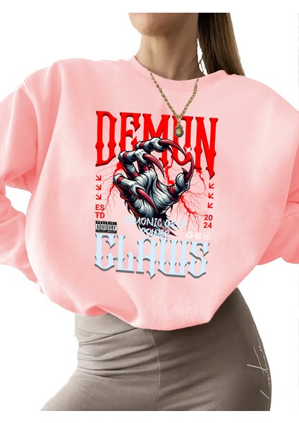 Sweatshirt Demon Claws Baskılı 3 Iplik Kalın Pembe Sevgili Kombin