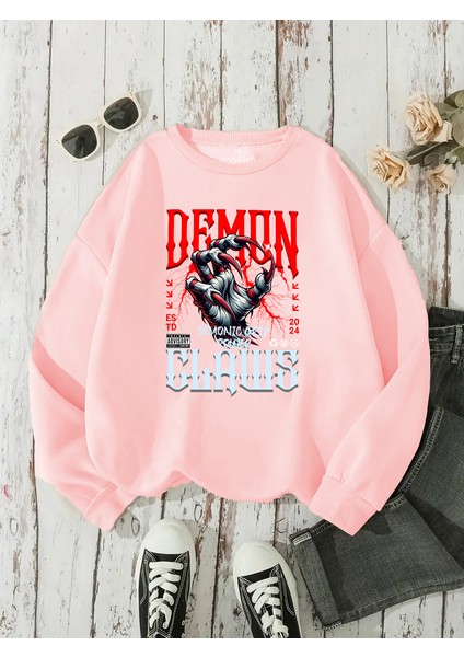 Sweatshirt Demon Claws Baskılı 3 Iplik Kalın Pembe Sevgili Kombin modelleri