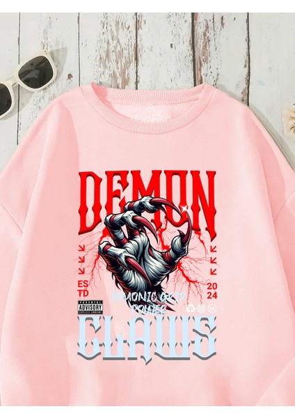 Sweatshirt Demon Claws Baskılı 3 Iplik Kalın Pembe Sevgili Kombin fırsatları