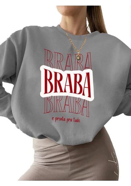 Sweatshirt Camisera Tipográfica Minimalista Baskılı 3 Iplik Kalın Gri Sevgili Kombin