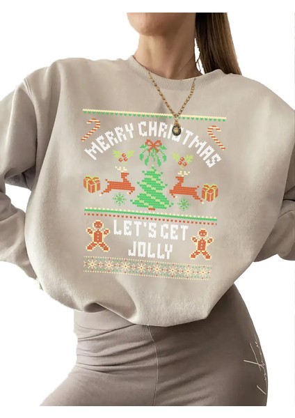 Sweatshirt Christmas Sweater Baskılı 3 Iplik Kalın Bej Sevgili Kombin