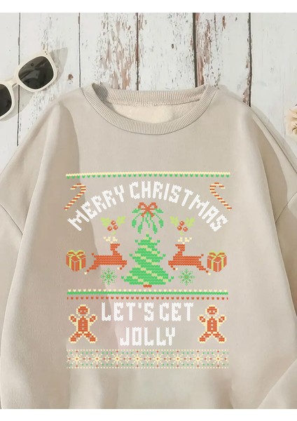 Sweatshirt Christmas Sweater Baskılı 3 Iplik Kalın Bej Sevgili Kombin fırsatları