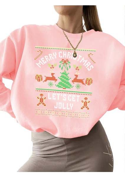 Sweatshirt Christmas Sweater Baskılı 3 Iplik Kalın Pembe Sevgili Kombin