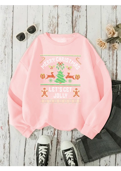 Sweatshirt Christmas Sweater Baskılı 3 Iplik Kalın Pembe Sevgili Kombin modelleri