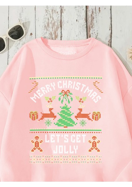 Sweatshirt Christmas Sweater Baskılı 3 Iplik Kalın Pembe Sevgili Kombin fırsatları