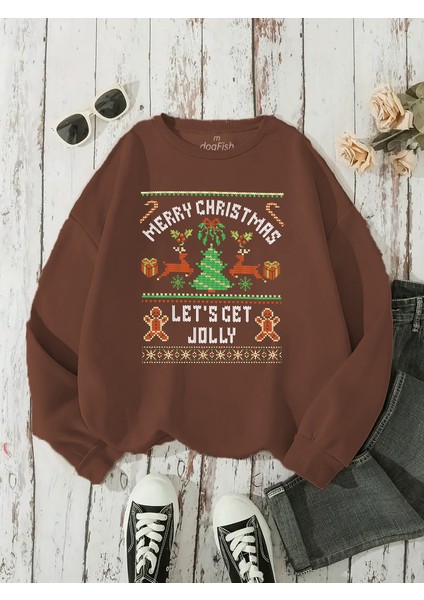 Sweatshirt Christmas Sweater Baskılı 3 Iplik Kalın Yeşil Sevgili Kombin modelleri