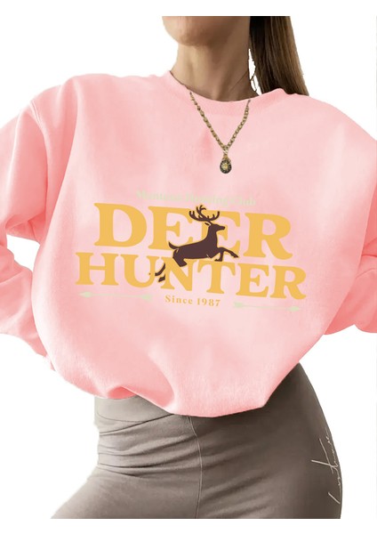 Sweatshirt Deer Hunter Club Baskılı 3 Iplik Kalın Pembe Sevgili Kombin