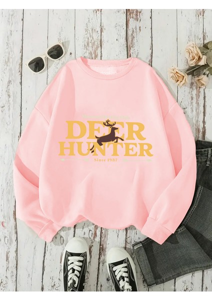 Sweatshirt Deer Hunter Club Baskılı 3 Iplik Kalın Pembe Sevgili Kombin modelleri
