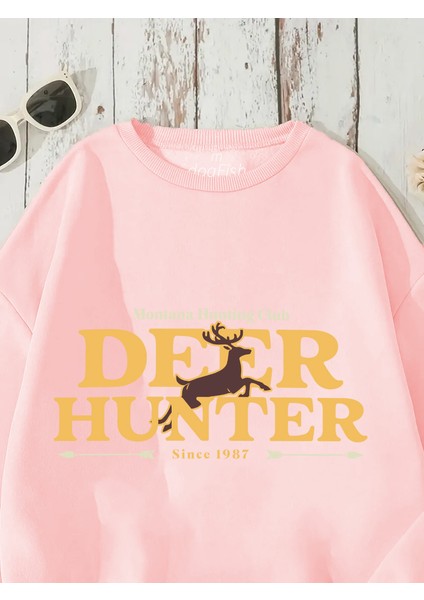 Sweatshirt Deer Hunter Club Baskılı 3 Iplik Kalın Pembe Sevgili Kombin fırsatları