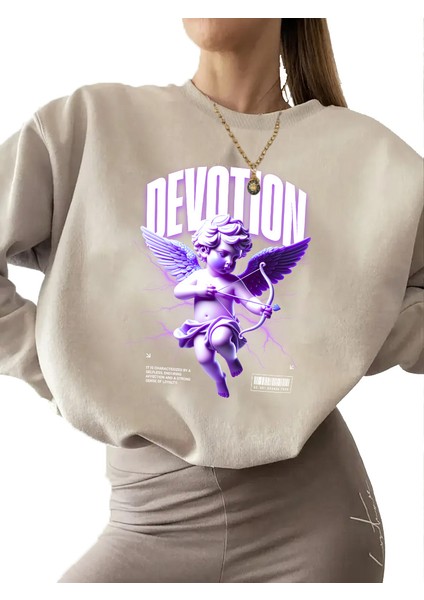 Sweatshirt Cupid Devotion Baskılı 3 Iplik Kalın Bej Sevgili Kombin