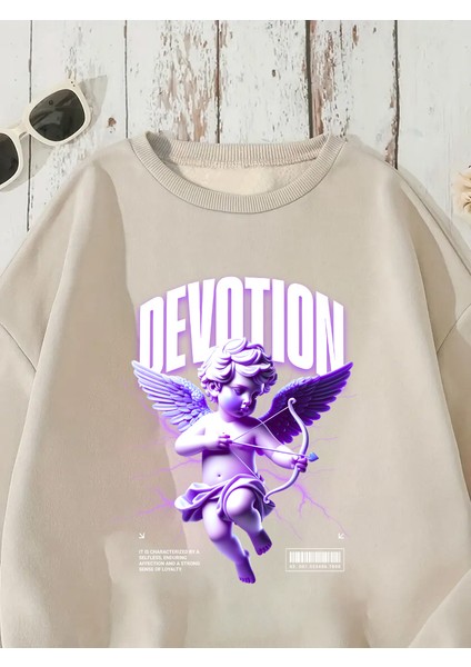 Sweatshirt Cupid Devotion Baskılı 3 Iplik Kalın Bej Sevgili Kombin fırsatları