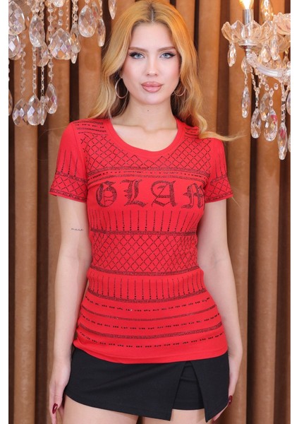 Büyük Beden Tamamı Crystal Taşlı Kırmızı Bisiklet Yaka Pamuk Kırmızı Kadın T-Shirt