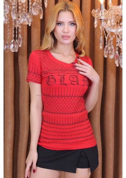 Büyük Beden Tamamı Crystal Taşlı Kırmızı Bisiklet Yaka Pamuk Kırmızı Kadın T-Shirt modelleri