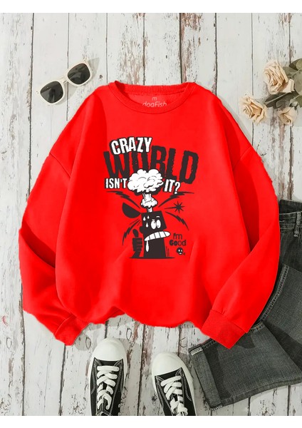 Sweatshirt Crazy World Baskılı 3 Iplik Kalın Kırmızı Sevgili Kombin modelleri