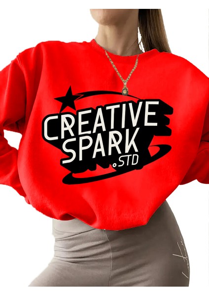 Sweatshirt Creative Spark Baskılı 3 Iplik Kalın Kırmızı Sevgili Kombin