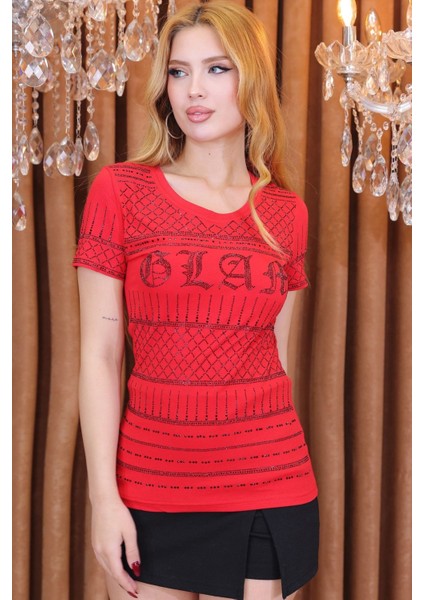 Büyük Beden Tamamı Crystal Taşlı Kırmızı Bisiklet Yaka Pamuk Kırmızı Kadın T-Shirt