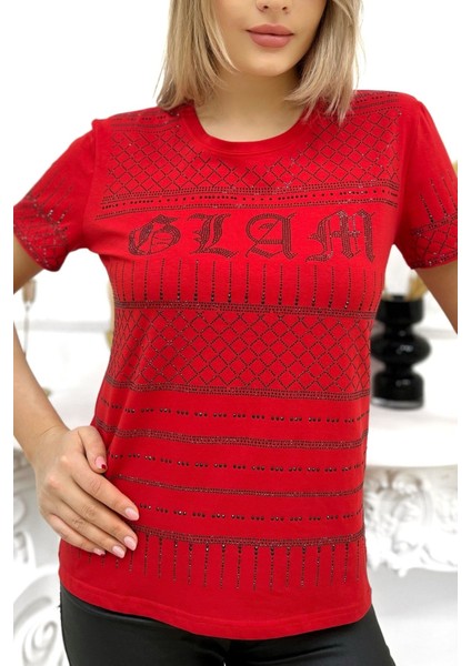 Büyük Beden Tamamı Crystal Taşlı Kırmızı Bisiklet Yaka Pamuk Kırmızı Kadın T-Shirt
