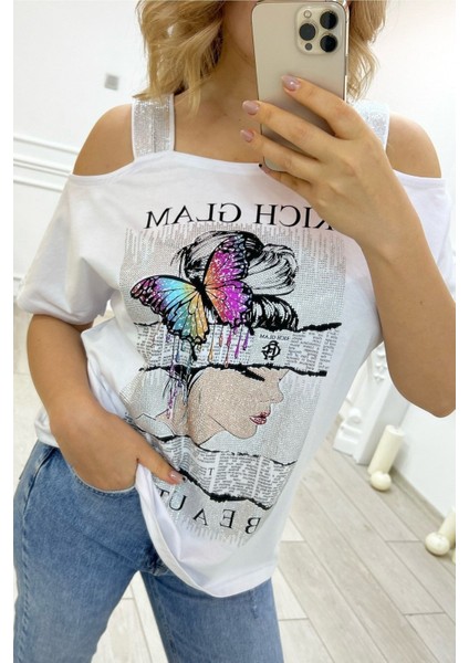 Büyük Beden Siyah Omuzları Açık Baskılı Crystal Taşlı Pamuk Kadın T-Shirt