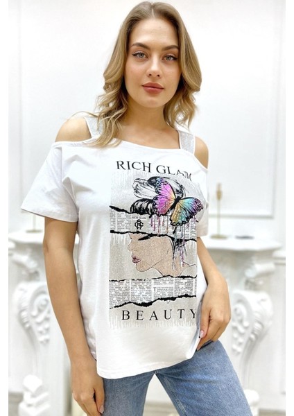 Büyük Beden Siyah Omuzları Açık Baskılı Crystal Taşlı Pamuk Kadın T-Shirt