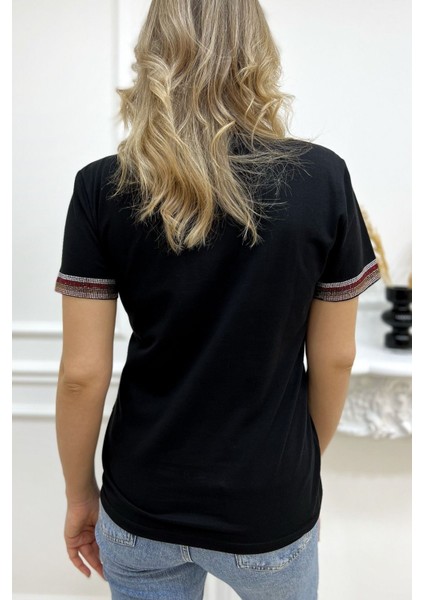 Büyük Beden Renkli Yazılı Crystal Taşlı Kısa Kol Bisiklet Yaka Şık Rahat Pamuk Siyah Kadın T-Shirt