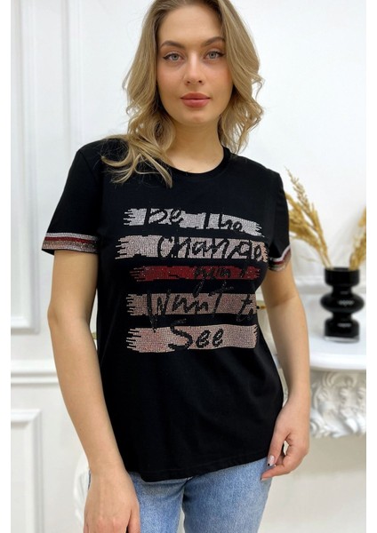 Büyük Beden Renkli Yazılı Crystal Taşlı Kısa Kol Bisiklet Yaka Şık Rahat Pamuk Siyah Kadın T-Shirt