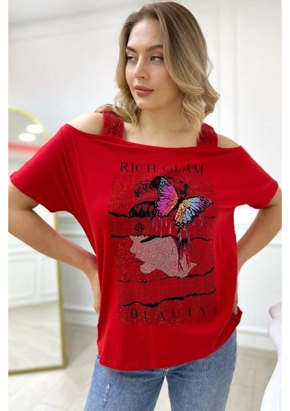 Büyük Beden Siyah Omuzları Açık Baskılı Crystal Taşlı Pamuk Kadın T-Shirt