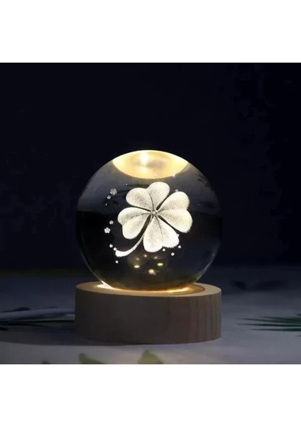Dekoratif Yonca Tasarımlı Ahşap Altlıklı Işıklı Cam Küre Büyük Boy Cam:8cm Ahşap:2cm