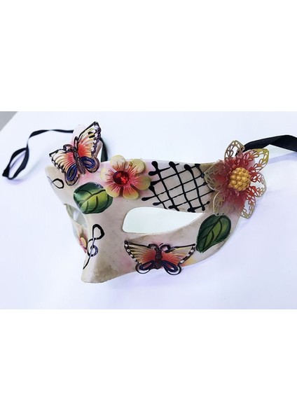Kelebek ve Çiçek Işlemeli Venedik Maskesi Kırmızı Renk 10 x 18 cm