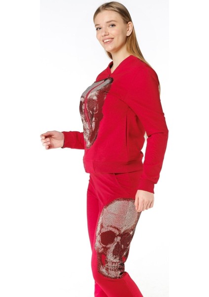 Büyük Beden Lacivert Kurukafa Crystal Taşlı Fermuarlı Plus Size Kadın Eşofman Takım