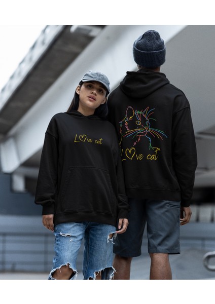 Love Cat Renkli Kedicik Baskılı Sevgili Sweatshirt 2'li Set