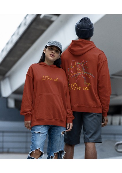 Love Cat Renkli Kedicik Baskılı Sevgili Sweatshirt 2'li Set