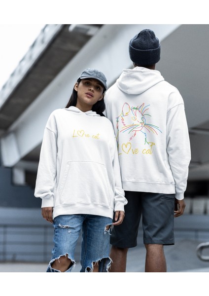 Love Cat Renkli Kedicik Baskılı Sevgili Sweatshirt 2'li Set