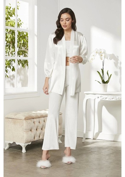 Pierre Cardin 2050 Kadife Saten 3'lü Kadın Crop'lu Pijama Takımı