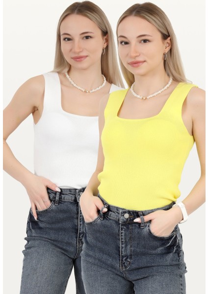 Kadın 2`li Kare Yaka Kalın Askılı Triko Bluz Sarı Beyaz - 2000