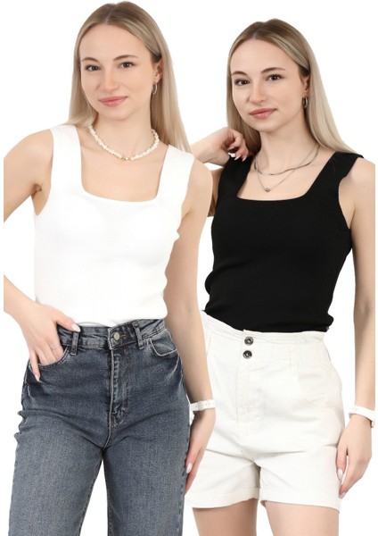 Kadın 2`li Kare Yaka Kalın Askılı Triko Bluz Siyah Beyaz - 2000