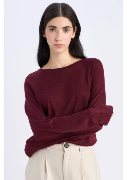 Regular Fit Bisiklet Yaka Basic Düz Bordo Triko Kazak D6281AX25SP
