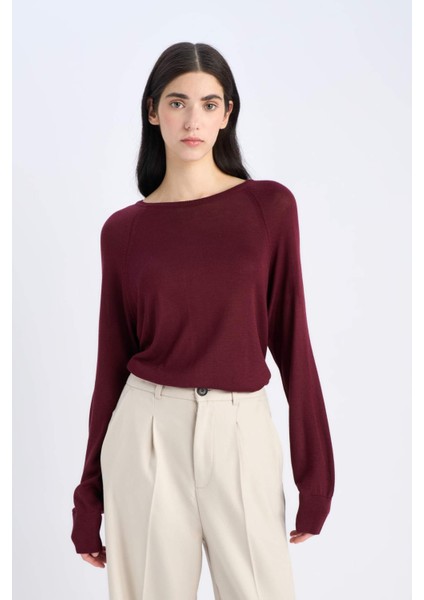 Regular Fit Bisiklet Yaka Basic Düz Bordo Triko Kazak D6281AX25SP